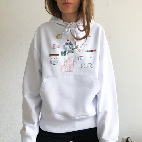 Image of Cat hiding from drama - hand embroidered organic cotton hoodie, Unisex, one of a kind