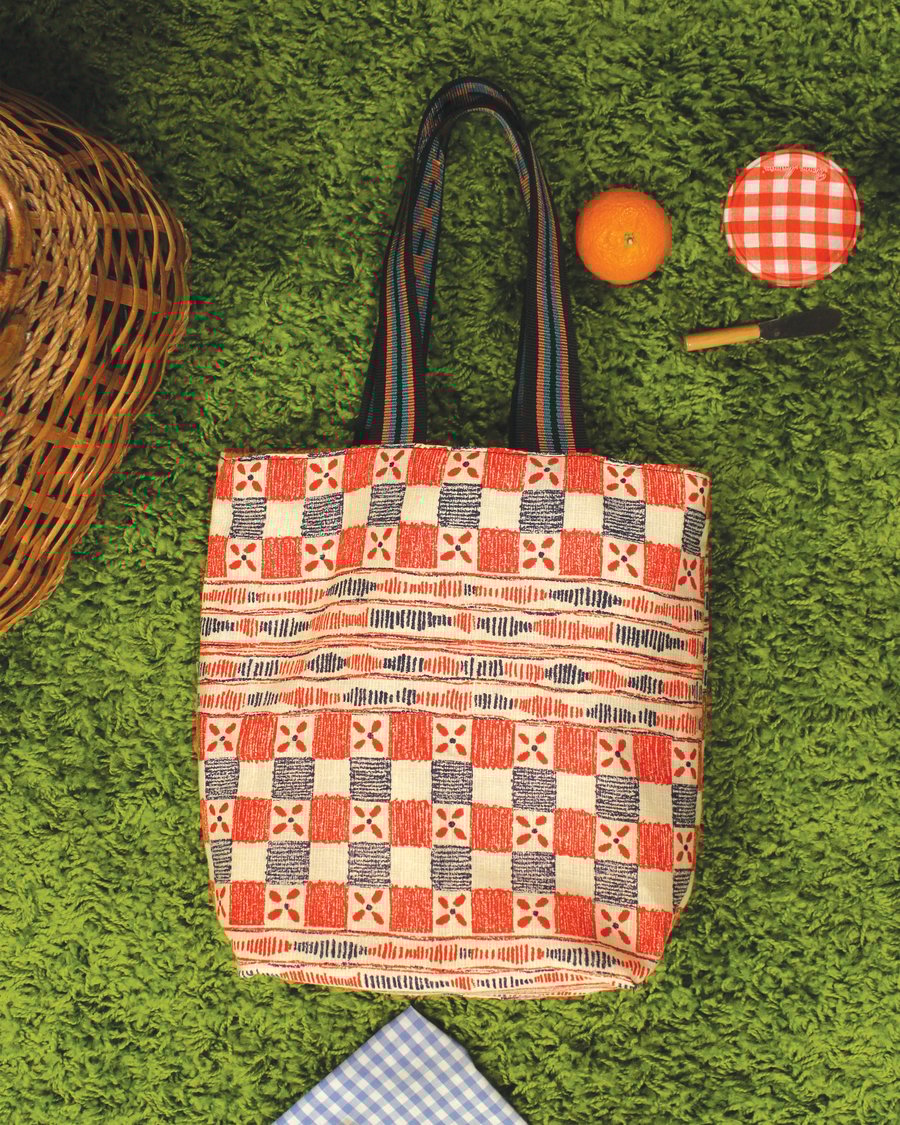 Image of Vintage Quilt Pattern and Orange Corduroy Tall Tote 
