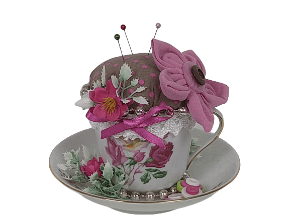 Teacup Pincushion in brown and pink