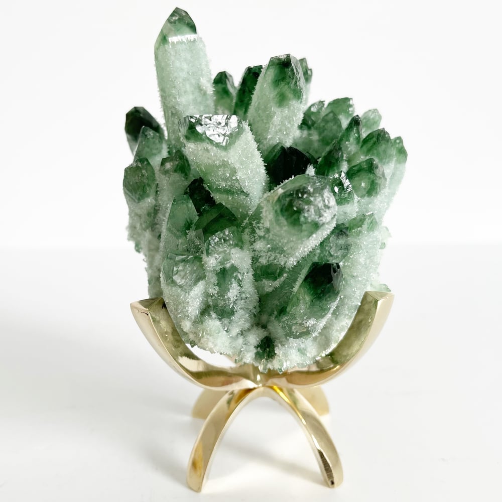 Image of  Green Phantom Quartz Crystal Cluster no.21 + Brass Claw Stand