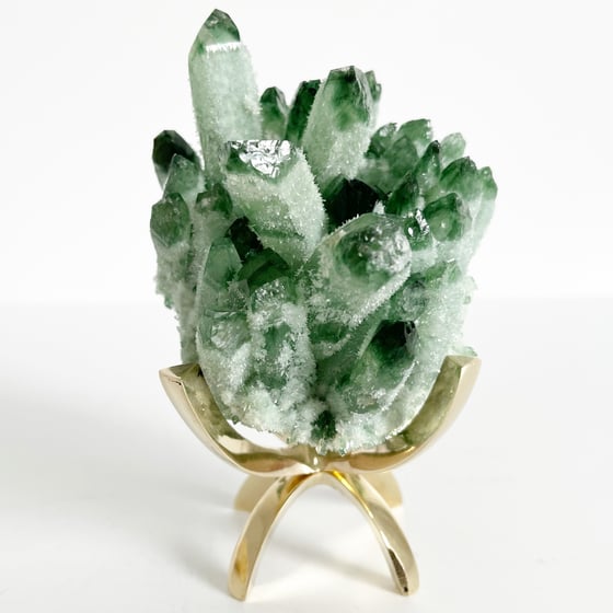 Image of  Green Phantom Quartz Crystal Cluster no.21 + Brass Claw Stand