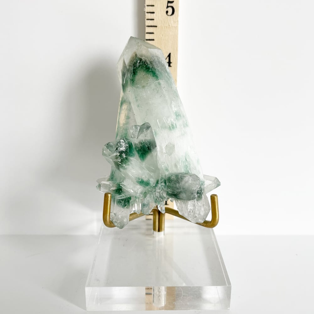 Image of Green Phantom Quartz no.33 + Lucite and Brass Stand