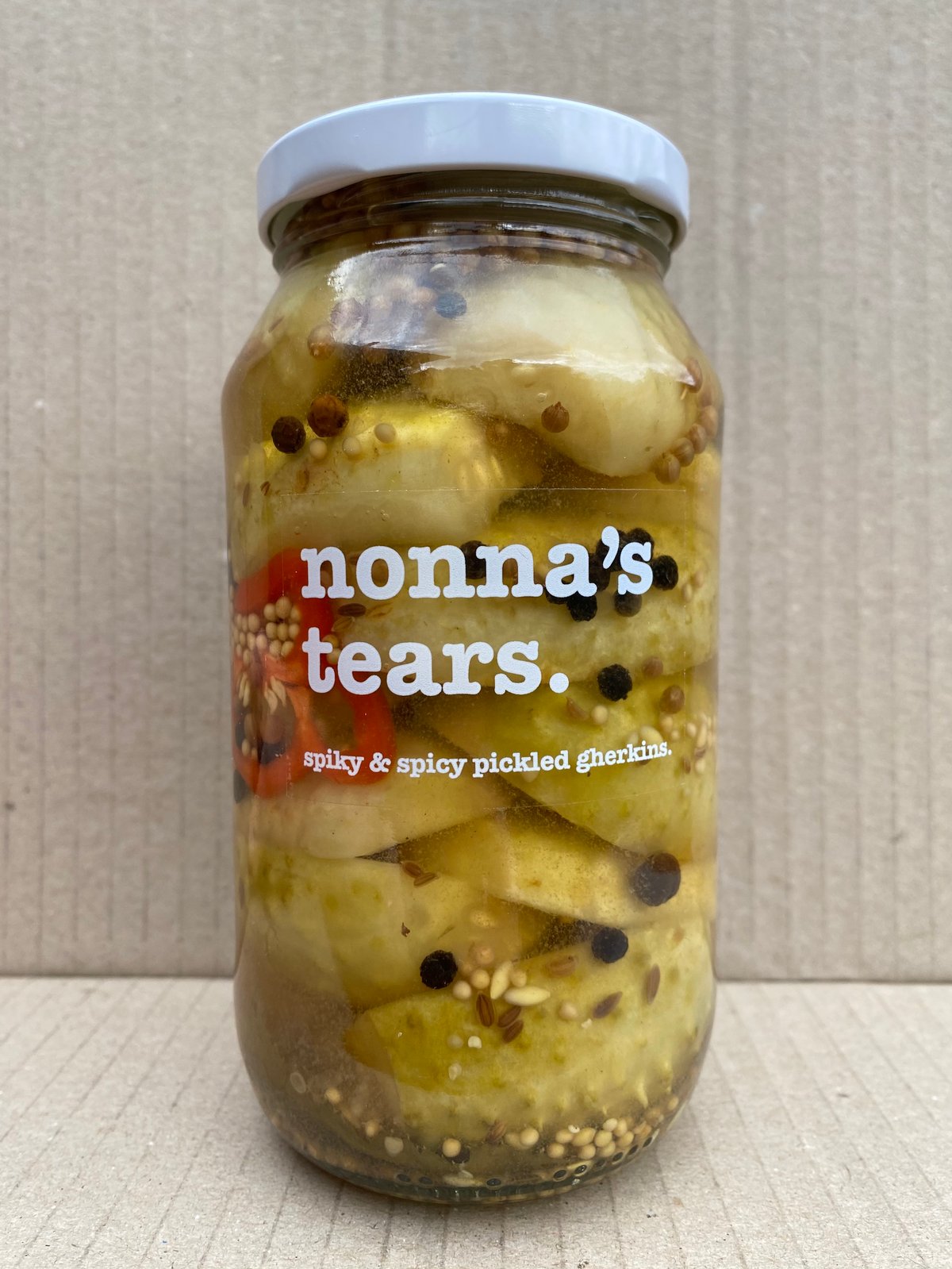 Image of spiky & spicy pickled gherkins. 500ml