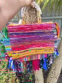 Image 4 of Frill sari tote beach bag bamboo Handles no two the same
