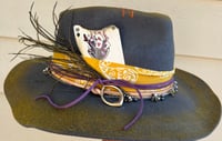 Image 2 of Handmade Torch Burned Yellow/Gray Fedora Hat, Playing Card, Bead & Feather Band 