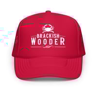 Image 6 of Brackish Wooder Foam Trucker Hat – White Logo with Chesapeake Blue Crab | Snapback Mesh Cap