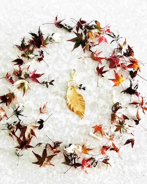 Image of Elk hide feather key chain with mushroom charm