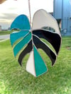 “Yin” Monstera Leaf Glass Art - Irisdescent Opaque Teal & Black