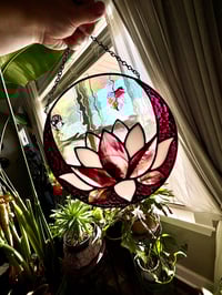 Image 4 of Lunar Lotus - Handmade Iridescent Circle Stained-Glass Moon & Flower Panel