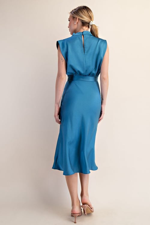 Image of  Mock Neck Sleeveless Midi Dress- Blue