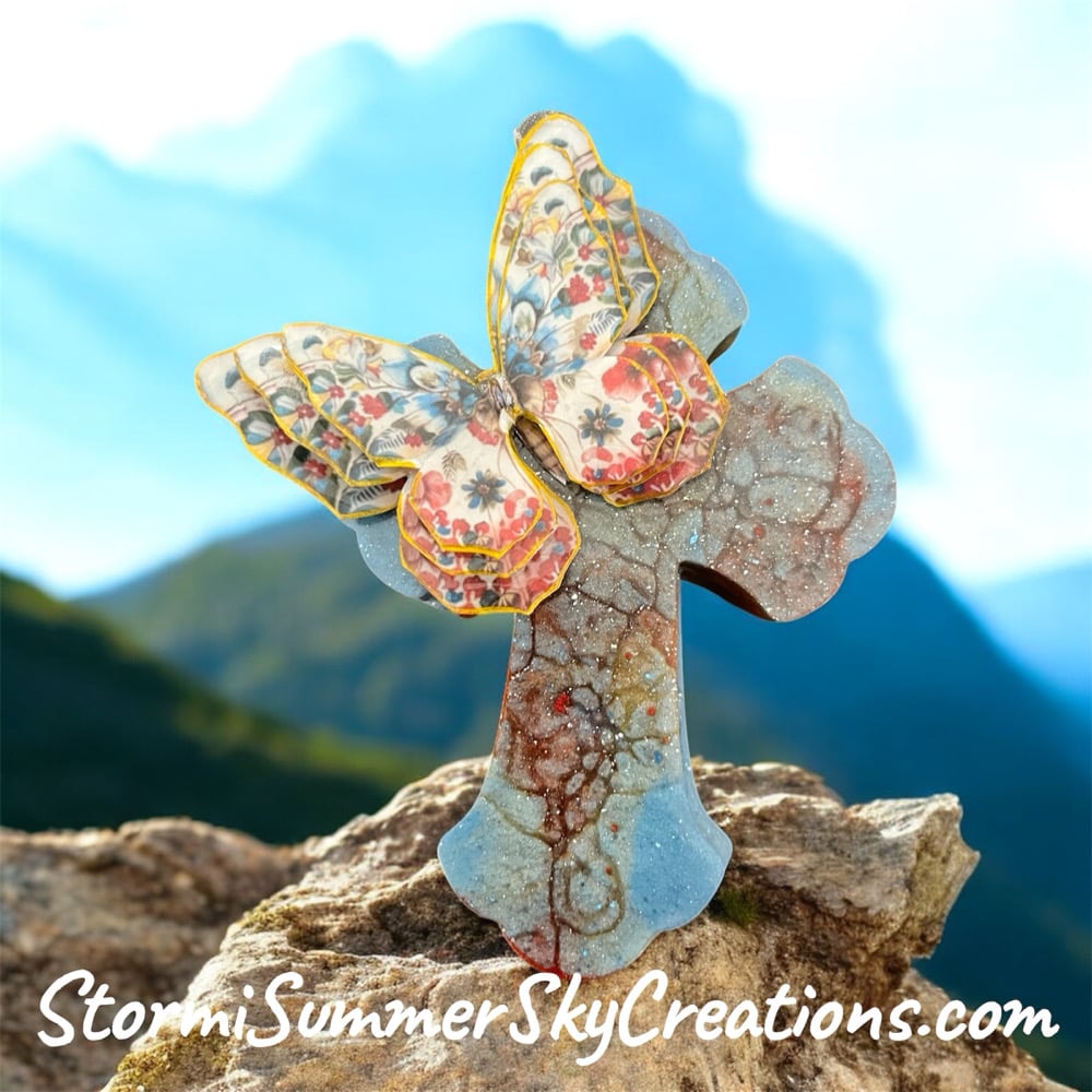 Image of Denim Colored Cross with Butterfly Prayer/Trinket Box