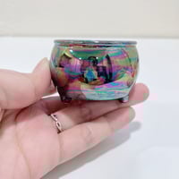 Image 6 of Glow in dark gray tabby cat in witch brew cauldron ceramic keepsake (rainbow effect)