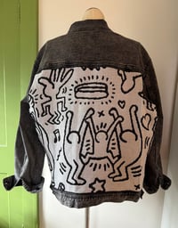 Image 2 of Upcycled “Haring Subway Graffiti” tapestry denim jacket