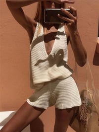 Image 1 of Casual Shorts Set For Spring Summer Comfortable Everyday Lazy Style Solid Color V-neck Pullover Knit