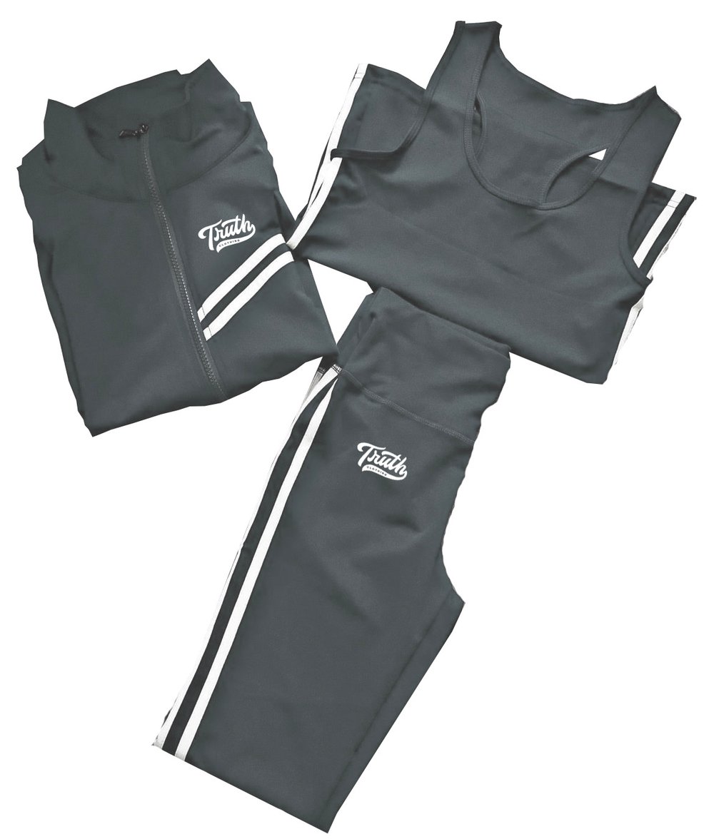 Women’s 3 Piece Fitness Set with Embroidered Logo | Shark Grey