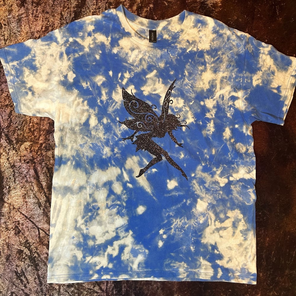 Image of blue bleach dye tshirt with fairy design 