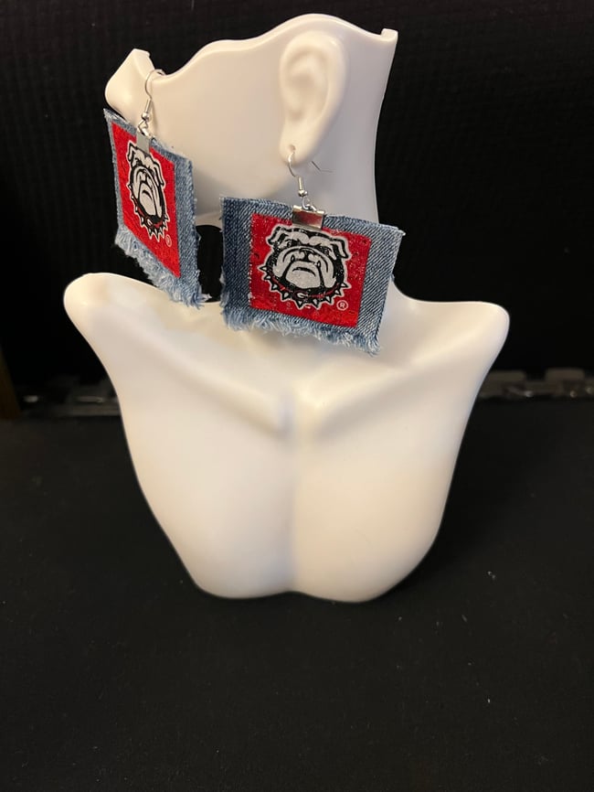 Georgia Bulldog Face Denim Earrings