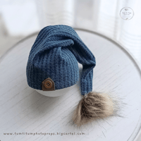 Image 1 of  Newborn hat with pompom - blue jeans