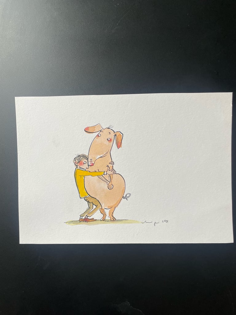 Originalzeichnung Tusche und Aquarell auf Papier "HaltSchweinfest"