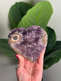 Image 3 of AGATE X AMETHYST STALACTITE HEART ON CUSTOM STAND -URUGUAY- F