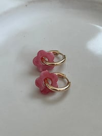 Image 1 of Dark Pink Flower Huggies 18k Gold Plated