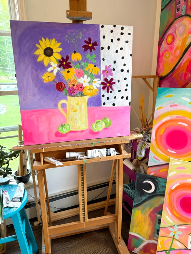 Garden flowers in a yellow pitcher and green tomatoes. Original Painting
