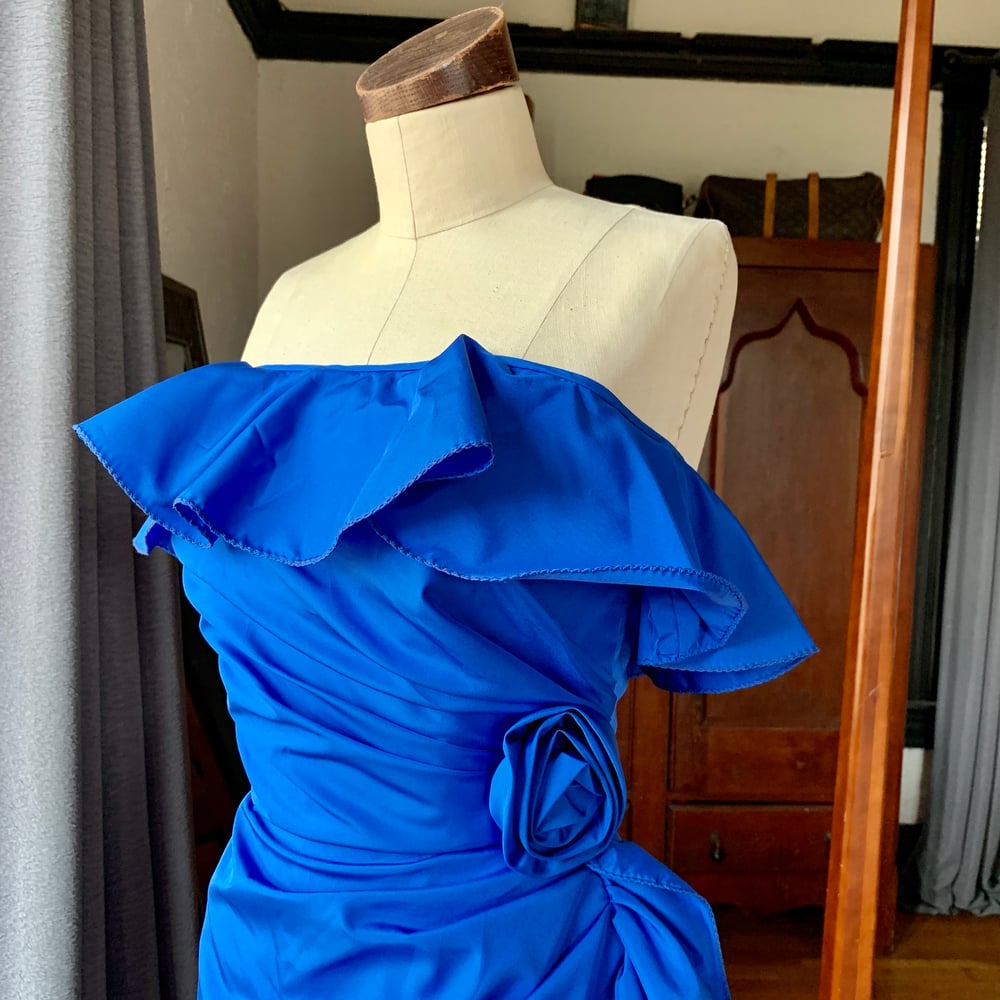 Blue Strapless Ruffle Dress XS