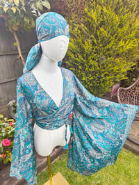 Image 2 of Pefkos co ord sarong set Turquoise tassels 