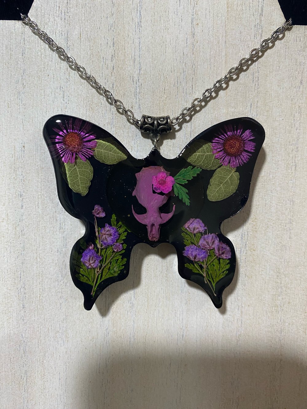 Purple Floral Butterfly Skull Pendant