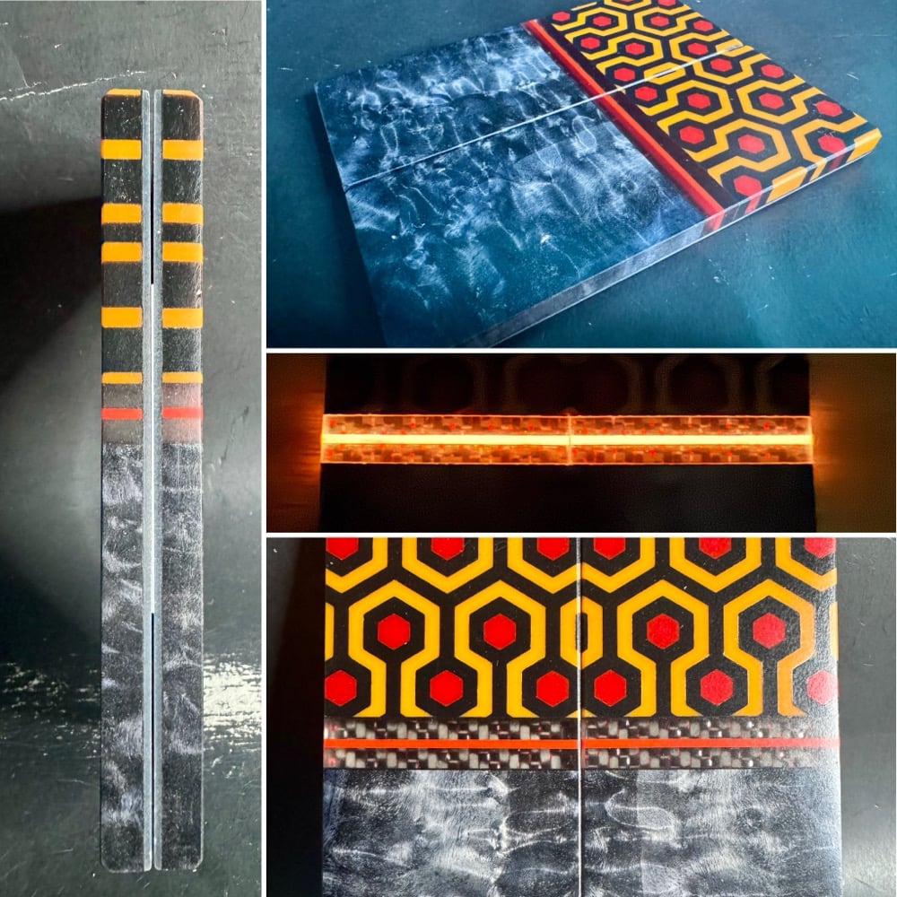 Image of @Kaoticartworks Resin & Black Curly Cottonwood GLOW Segmented Knife Scales