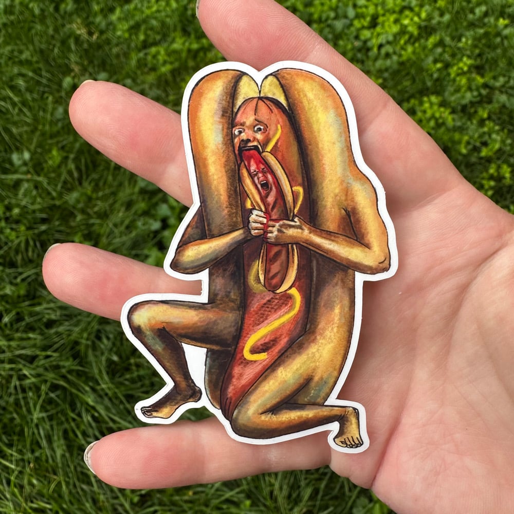 Image of Hot Dog Devouring His Son Sticker