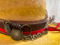 Image 4 of Mustard Pork Pie Style Hat, Layered  Band Feathers