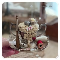 Image 2 of Handmade pin cushion in a vintage cup sitting on a beautiful vintage tray