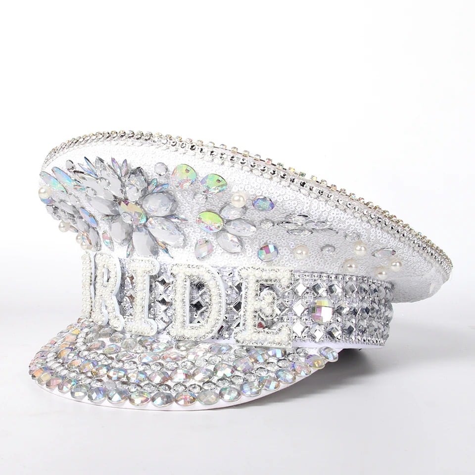 Image of 'Bride White and Silver' Diamante Captain Hat