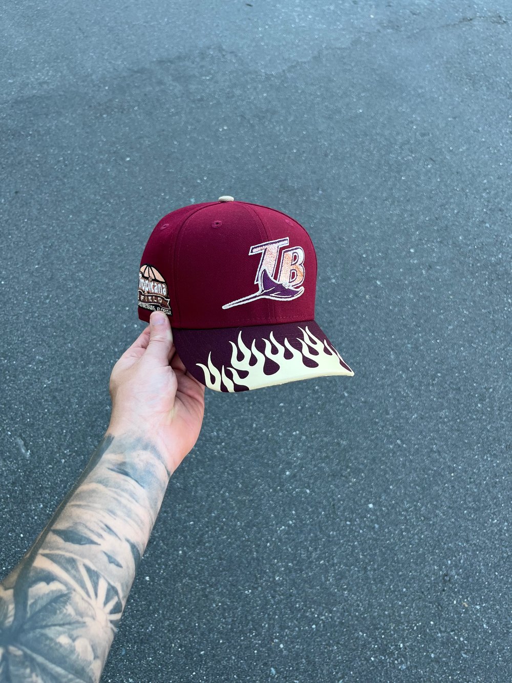 Image of TAN BRIM TRI TONE MAROON TAMPA BAY DEVIL RAYS CUSTOM FITTED CAP