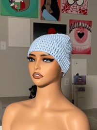 Image 4 of Light Blue Fitted Crochet Beanie