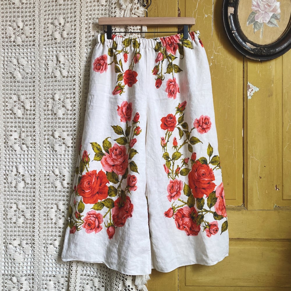 Image of Red Rose Garden Tablecloth Granny Pants