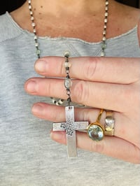 Image 13 of hand wrapped pearl and gemstone rosary style necklace with cross pendant