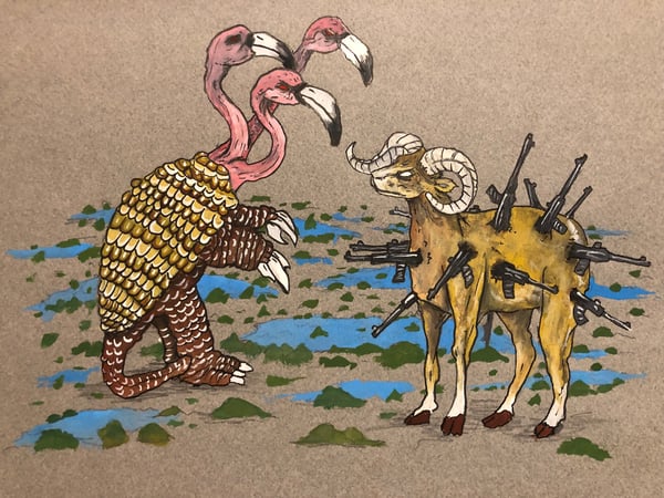 Image of Stand Off Of The Battled  Beasts: original 9x11 watercolor painting 