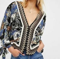 Image 1 of FREE PEOPLE v neck tie sleeve button front top