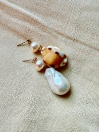 Image 2 of Checkered cowry and baroque stud earrings 