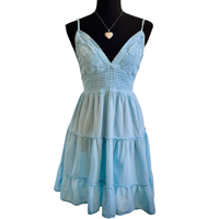 Image 1 of Peruvian Baby Blue Cotton Gauze Crochet Lace Tiered Mini Dress - Size L 