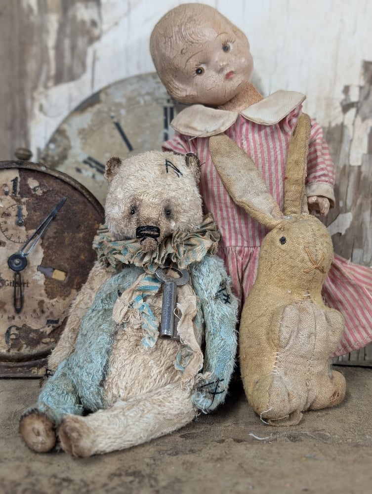 Image of  7" -Vintage Old Primitive CReAM & BluE Teddy Bear   by Whendi's Bears