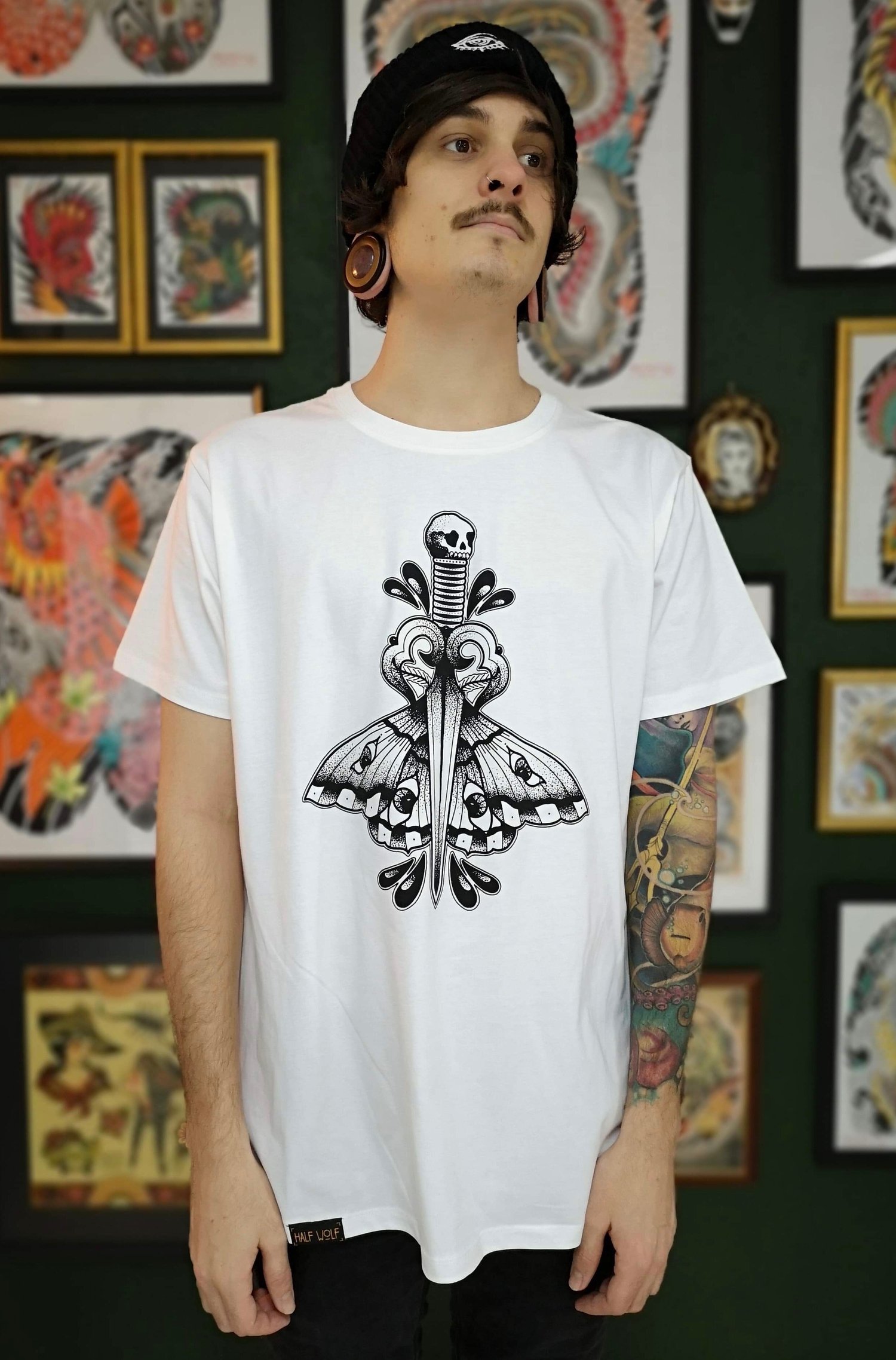 White screen-printed T-shirt “Moth & Dagger “