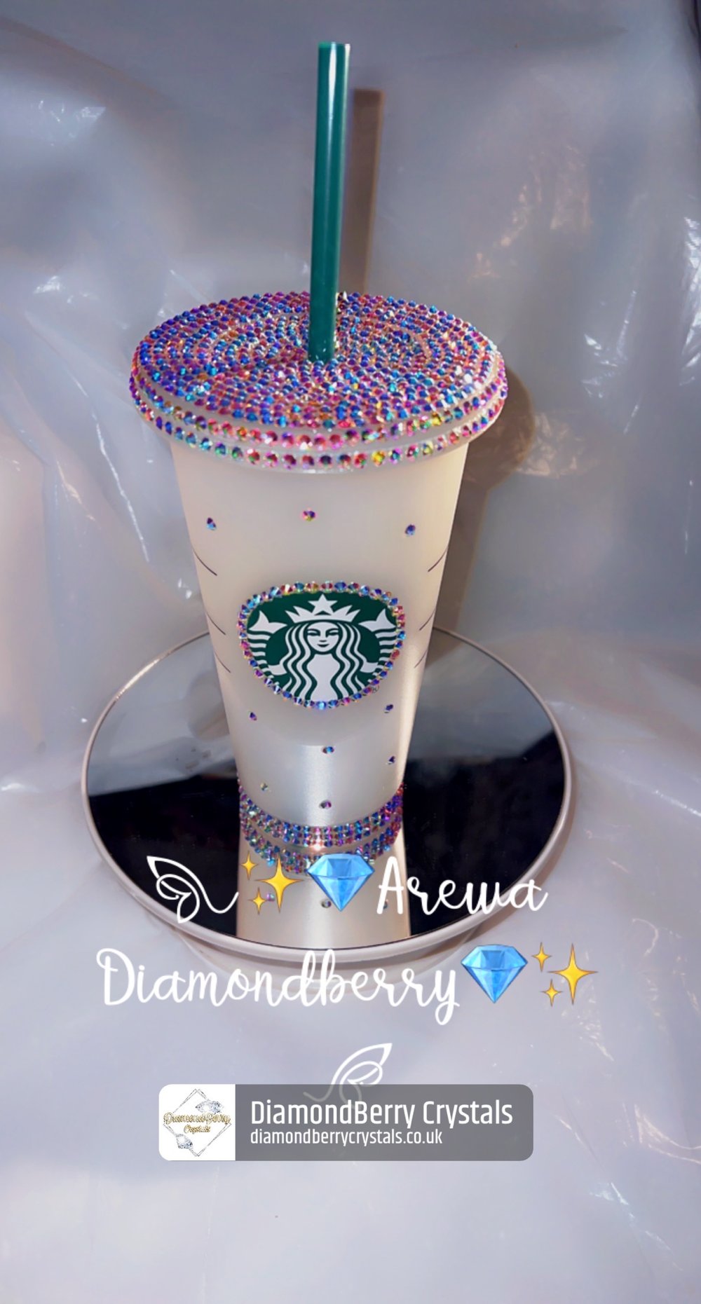 Image of Partial blinged 24 fl oz reusable cold cup tumbler with straw and lid