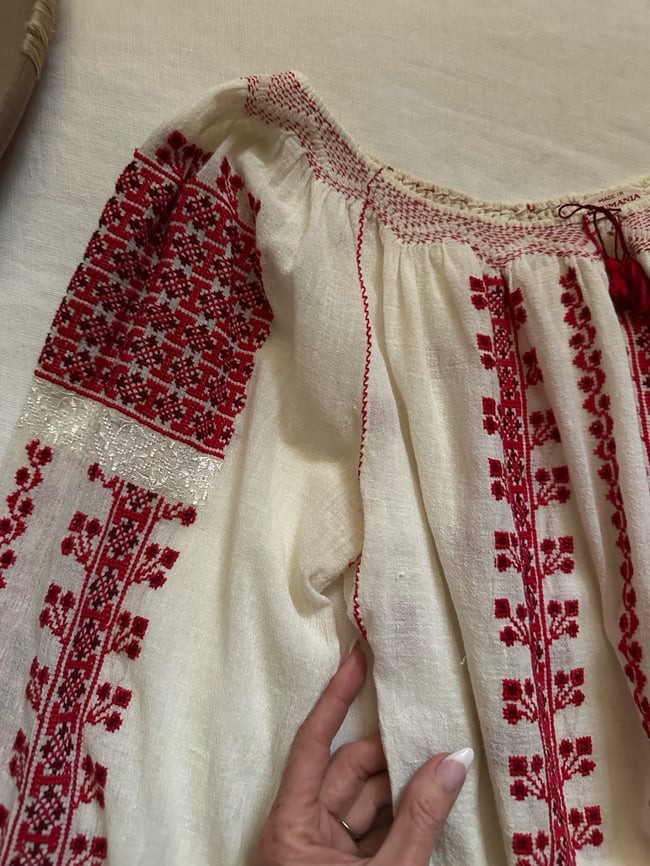 1960s Romanian hand embroidered gauze peasant blouse