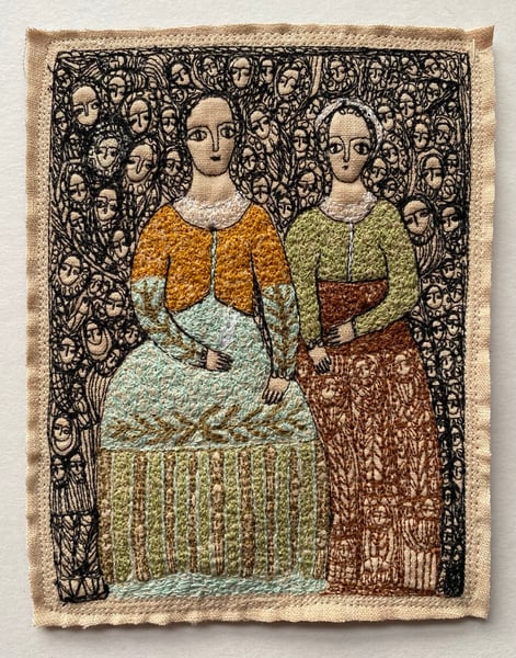 Image of two storytellers with their audience - larger embroidery artwork 