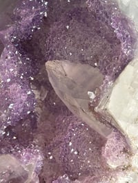 Image 6 of LAVENDER DRUZY QUARTZ EGG WITH RAINBOW FILLED CALCITE POINT ON A STAND -URUGUAY-