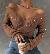 Image 1 of Pearls Beaded Crossover Drop Shoulder Sweater