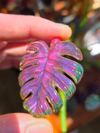 Image 1 of Pink & green crushed opal monstera leaf pendant 